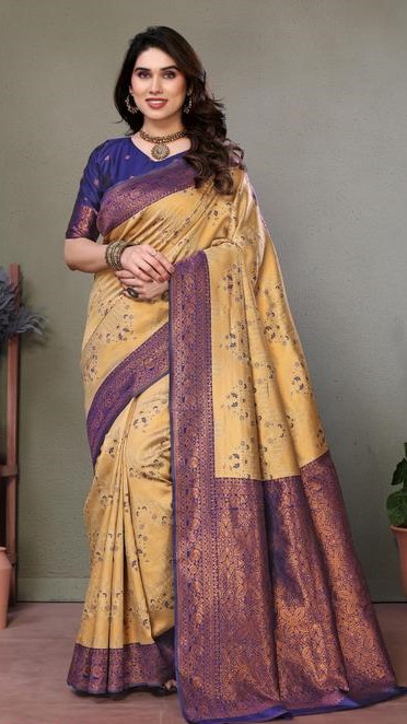 Pure Soft Silk Lightweight Banarasi ( Cream,Blue ) Wedding Bridal Wear Designer Ethnic Saree Available At Low Prices