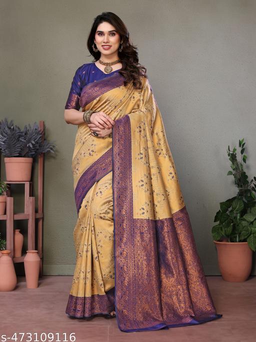 Pure Soft Silk Lightweight Banarasi ( Cream,Blue ) Wedding Bridal Wear Designer Ethnic Saree Available At Low Prices - amamestyle