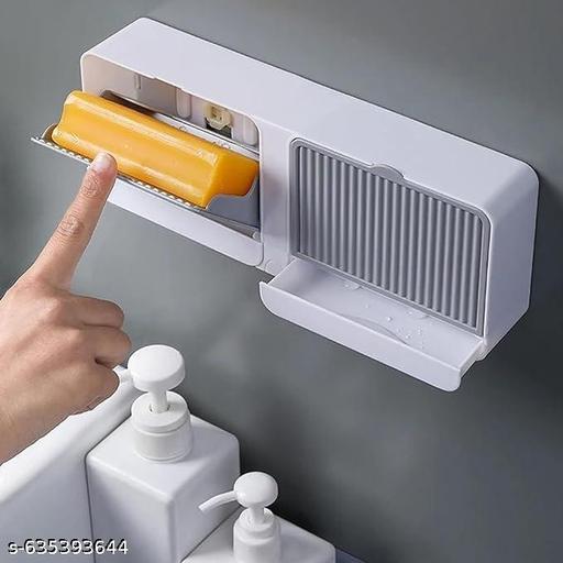 Wall-Mounted No-Drilling Double Bar Soap Dish with Drainage Box with Cover,Extend Soap Life Premium Plastic Soap Holder,Beautiful and Practical(1 Pcs) Multicolour - Pocketbuy