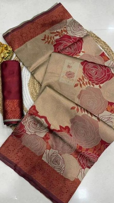 "Jacquard Floral Saree Featuring Artistic Rose Weaves and Trendy Design | Perfect for Festive Occasions"