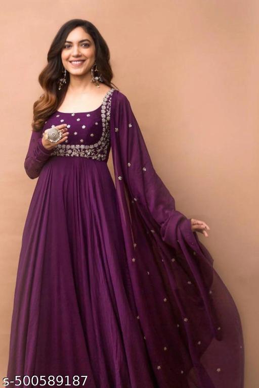 LATEST KURTA SET, Kurta With Dupatta Anarkali Trendy Latest Dark Wine Pure Gerogette Gown Embroidery Dupatta New Fashion  - ALL 4 YOU