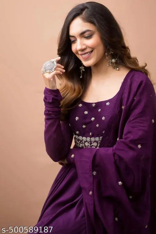 LATEST KURTA SET, Kurta With Dupatta Anarkali Trendy Latest Dark Wine Pure Gerogette Gown Embroidery Dupatta New Fashion  - ALL 4 YOU