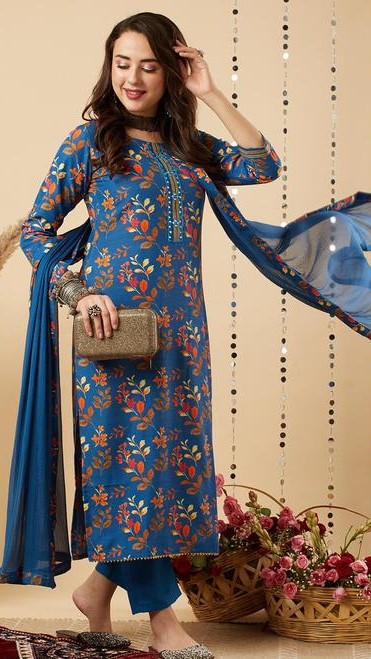 Shri Ram Women's Blue Cotton Blend Floral Printed Straight Kurta With Trousers & Dupatta