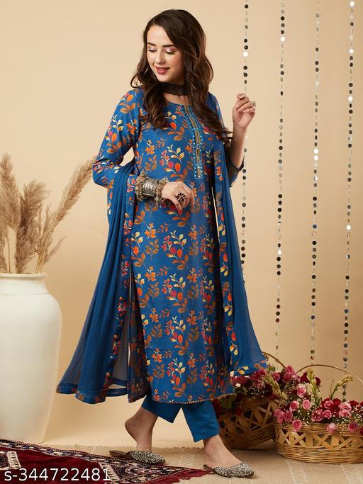 Shri Ram Women's Blue Cotton Blend Floral Printed Straight Kurta With Trousers & Dupatta - amamestyle