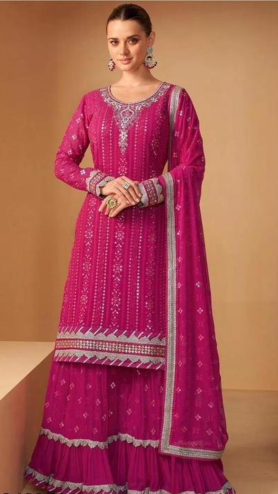 Shiv Ethnic Villa Women's Pink Color Full Stitched Faux Georgette Top and Sharara with Santoon Inner and Pink Color Faux Georgette Dupatta Embroidered Kurta Sharara Set (1118-Pink)