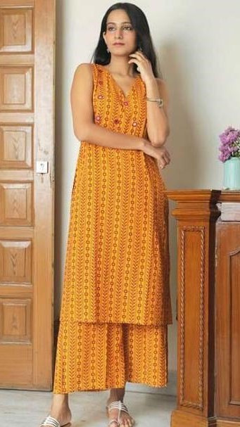 Women Rayon Printed Sleevless Mirror Work  Kurta Plazzos Set
