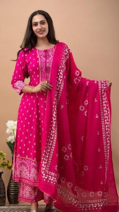 Women's Rayon Printed Anarkali Kurti with Pant and Dupatta Set 