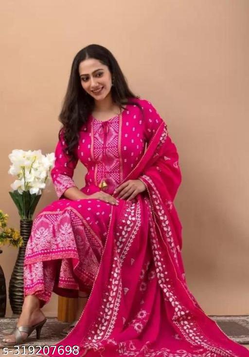 Women's Rayon Printed Anarkali Kurti with Pant and Dupatta Set  - amamestyle