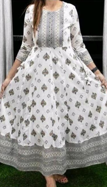 White Anarkali Gold Print Kurti for Women