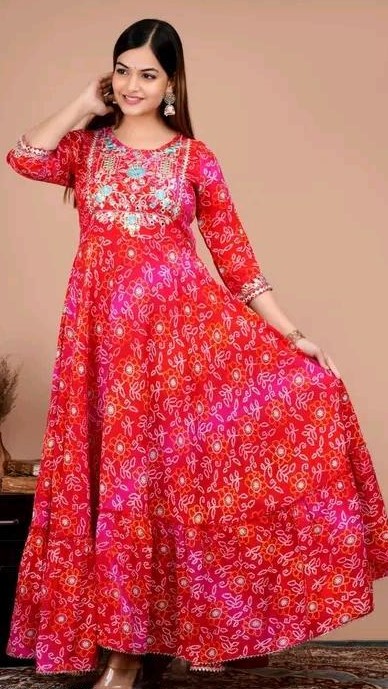 Women's Trending Embroidery Work Bandhani Anarkali Kurti 