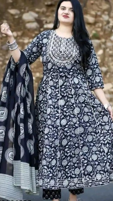 Black Premium Printed Designer Anarkali Embroidery Women Rayon Kurta With Pant And Cotton Dupatta