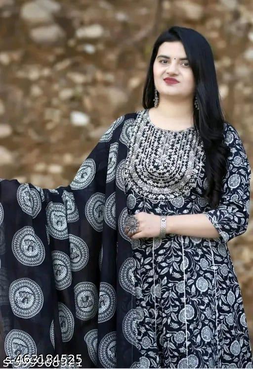 Black Premium Printed Designer Anarkali Embroidery Women Rayon Kurta With Pant And Cotton Dupatta - amamestyle