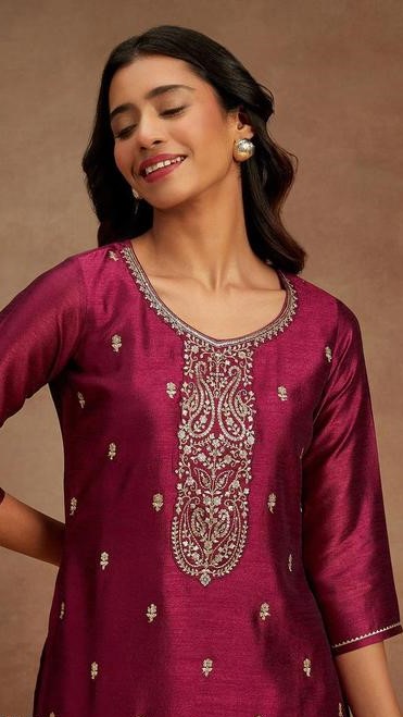 Designer Silk Blend Straight Kurta || Women Embroidered Silk Blend Straight Kurta || 