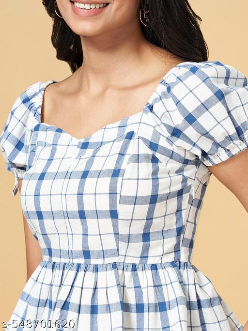 Blue & White Checked Sweet heart Neck Puff Sleeve Peplum Top - amamestyle