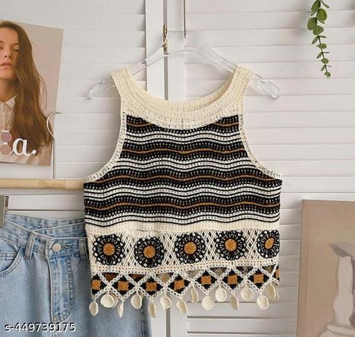 Latest Women Cotton Crochet Halter Neck Tops Wave Pattern Chic Fringed Beach Knitting Tops Korean Style Sleeveless Sweet Tops - amamestyle