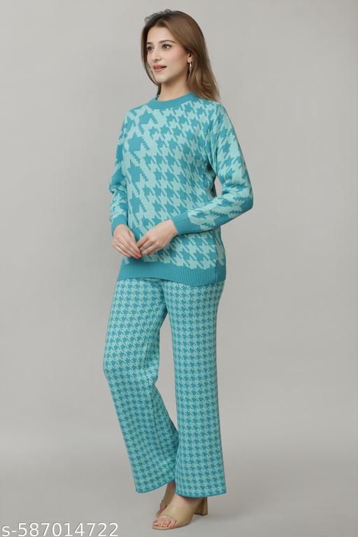 Women Full Sleeve self Design Woollen co-ords Set for Women Sky - amamestyle