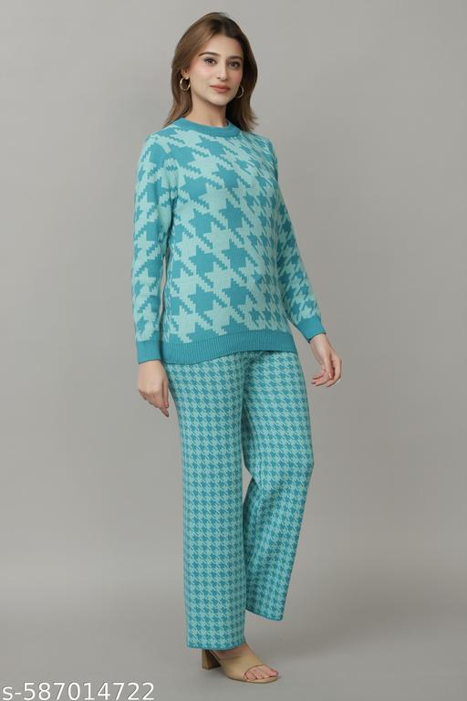 Women Full Sleeve self Design Woollen co-ords Set for Women Sky - amamestyle