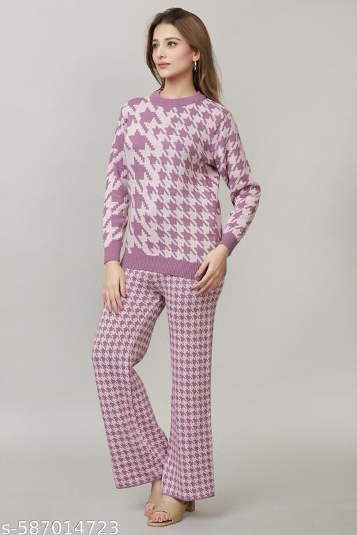 Women Full Sleeve self Design Woollen co-ords Set for Women Lavendar - amamestyle