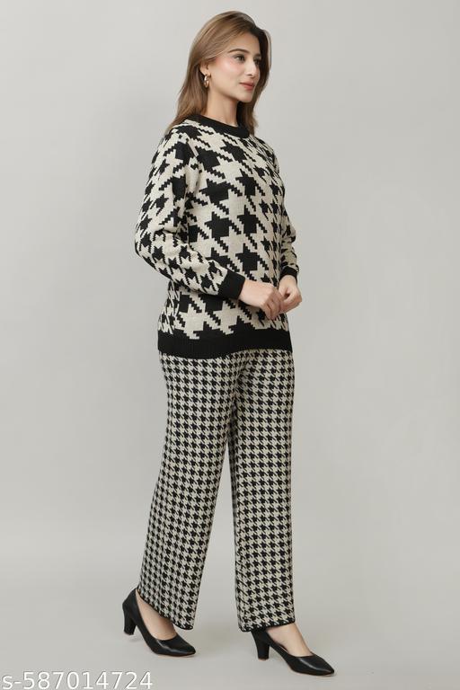 Women Full Sleeve self Design Woollen co-ords Set for Women Black - amamestyle