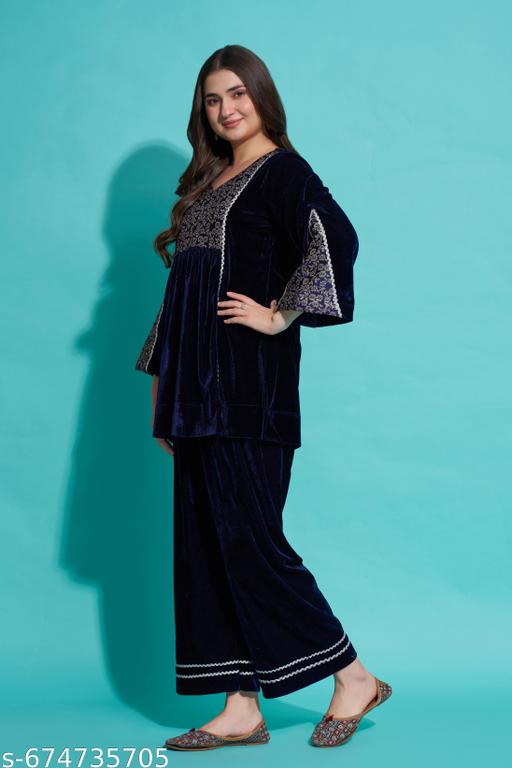 Women Luxurious Velvet Lace Top Bottom Co-Ord Set - amamestyle