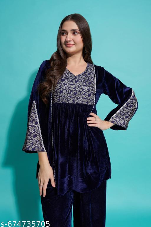 Women Luxurious Velvet Lace Top Bottom Co-Ord Set - amamestyle