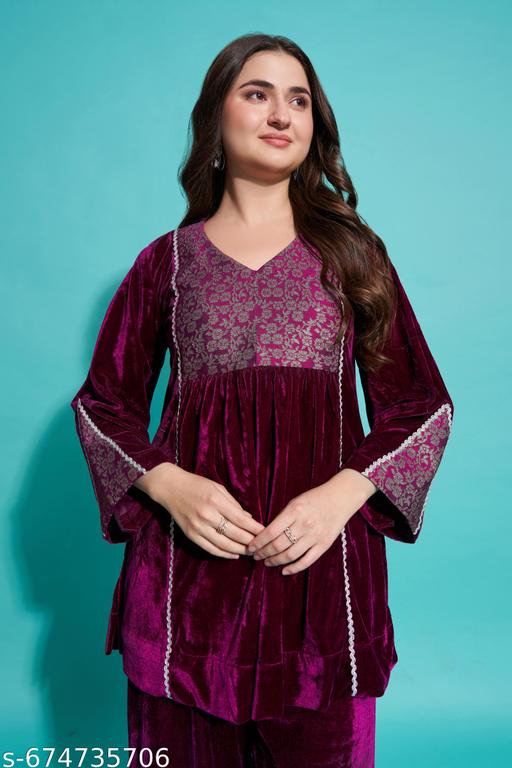 Women Luxurious Velvet Lace Top Bottom Co-Ord Set - amamestyle