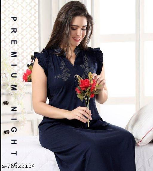 Women Fancy Hosiery Embroidered Blue Nightdress - amamestyle