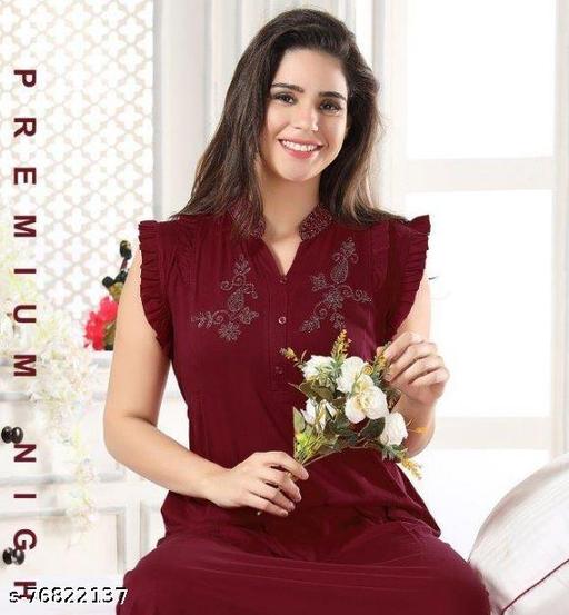  Women Fancy Hosiery Embroidered Maroon Nightdress - amamestyle