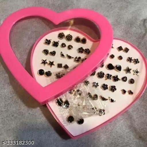 Revivo Gift Box of 36 Pair Classy Design Earring Stud Set with Heart Box for Women, Girls (1 Box) Alloy Stud Earring(Black) - REVIVO