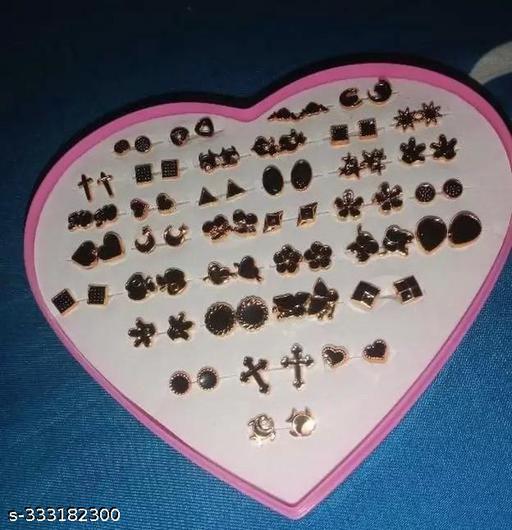 Revivo Gift Box of 36 Pair Classy Design Earring Stud Set with Heart Box for Women, Girls (1 Box) Alloy Stud Earring(Black) - REVIVO
