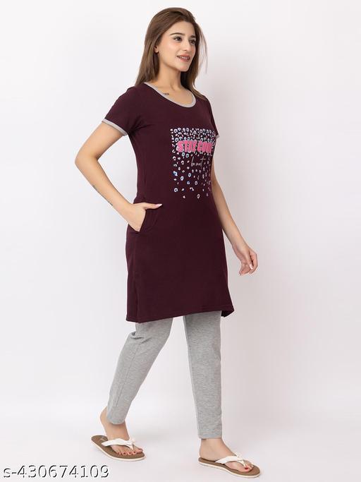 GEE 5 Summer Wear Casual Nightwear Round Neck Cotton blend Comfortable and Breathable Sleepwear |Top and Bottom Set| Nightsuit For Women's - amamestyle