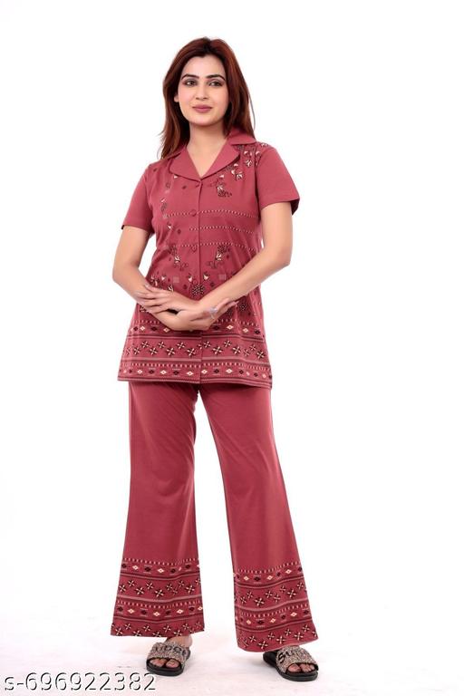 Clint Summer Casual Lapel Neck Half Sleeve, Regular fit  Cottonblend Printed Nightsuit For Women's - amamestyle