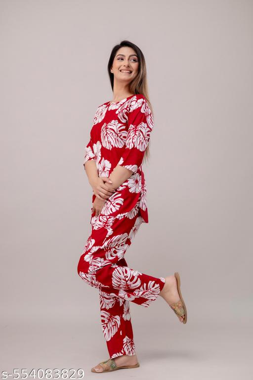 Women's Beautiful Rayon Tropical Floral Print Loungewear Set, Red and White, 3/4 Sleeve Top with Pants/ night Suit Set - amamestyle