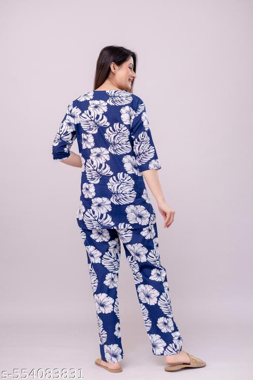 Women's Beautiful Rayon Tropical Floral Print Loungewear Set, Blue and White, 3/4 Sleeve Top with Pants/ night Suit Set - amamestyle