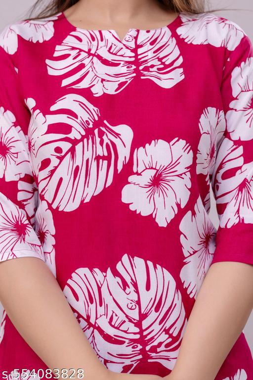 Women's Beautiful Rayon Tropical Floral Print Loungewear Set, Pink and White, 3/4 Sleeve Top with Pants/ night Suit Set - amamestyle