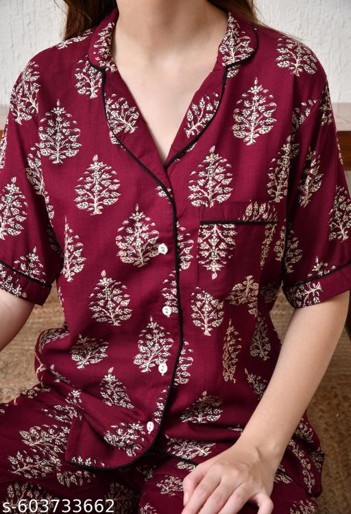 Classic Satin Night Suit with Stylish Floral Print - amamestyle