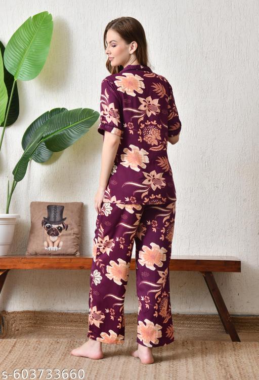 Classic Satin Night Suit with Stylish Floral Print - amamestyle