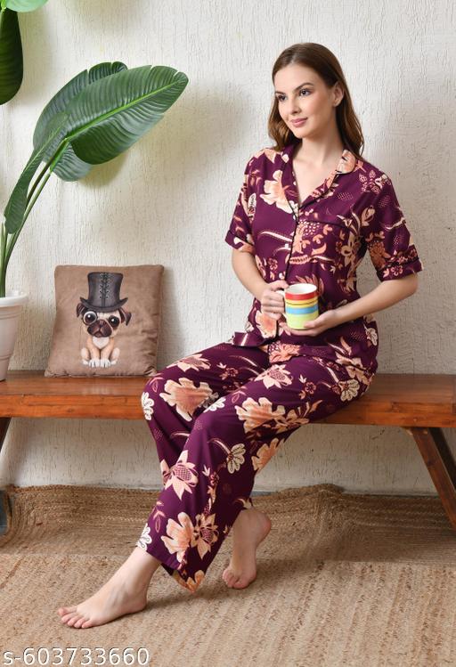 Classic Satin Night Suit with Stylish Floral Print - amamestyle