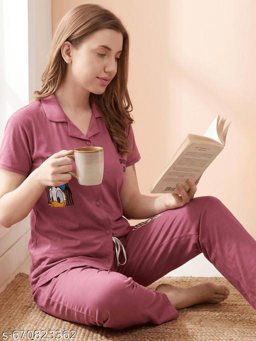 Women Premium Cotton Printed Nightwear Set | Relaxed Fit Short Sleeve Shirt & Pajama Co-Ord | Stylish Sleepwear & Lounge Wear for Home Comfort - amamestyle