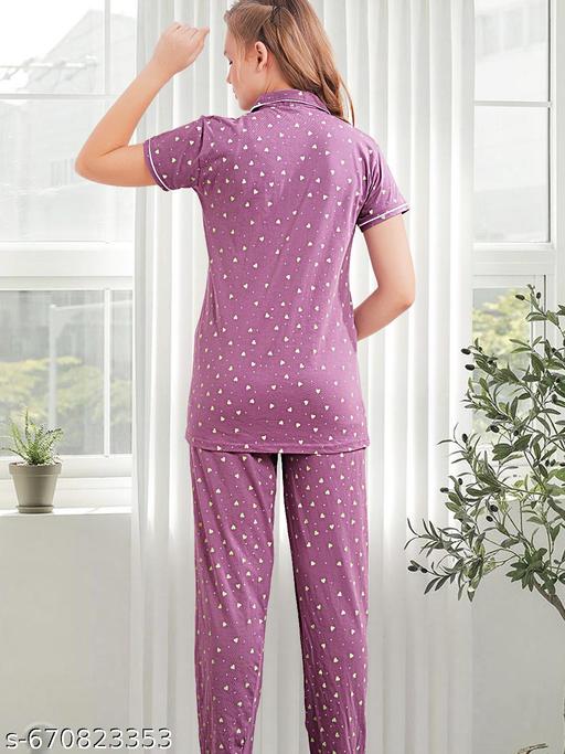 Women Premium Cotton Printed Nightwear Set | Relaxed Fit Short Sleeve Shirt & Pajama Co-Ord | Stylish Sleepwear & Lounge Wear for Home Comfort - amamestyle