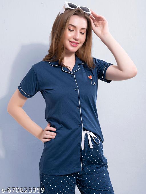 Women Premium Cotton Printed Nightwear Set | Relaxed Fit Short Sleeve Shirt & Pajama Co-Ord | Stylish Sleepwear & Lounge Wear for Home Comfort - amamestyle