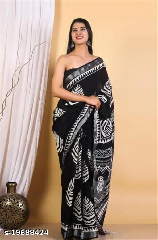 Hand Block Batik Indigo Ajrakh Ikkat Printed Cotton Linen Saree with Free Matching Blouse Piece For Women - amamestyle