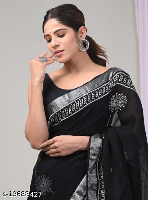 Hand Block Batik Indigo Ajrakh Ikkat Printed Cotton Linen Saree with Free Matching Blouse Piece For Women - amamestyle