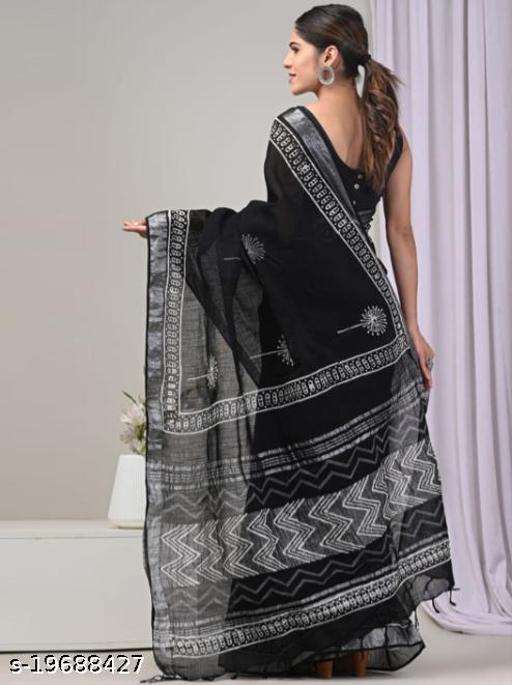 Hand Block Batik Indigo Ajrakh Ikkat Printed Cotton Linen Saree with Free Matching Blouse Piece For Women - amamestyle