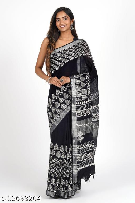 Pallo Latke Women's Jaipuri Hand Block Printed Cotton Linen Saree With Matching Blouse piece - amamestyle