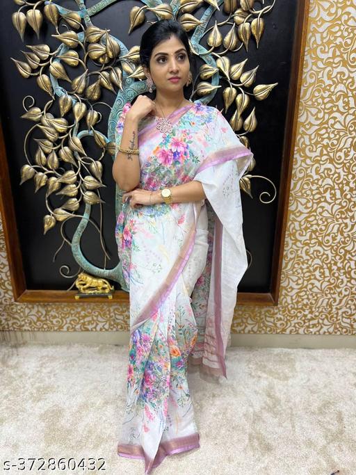Women Cotton Linen Flower Print Saree Designer Bollywood Partywear Wedding Traditional Latest Kasav Trends White Saree - amamestyle