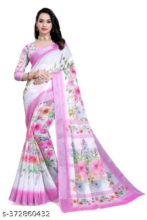 Women Cotton Linen Flower Print Saree Designer Bollywood Partywear Wedding Traditional Latest Kasav Trends White Saree - amamestyle