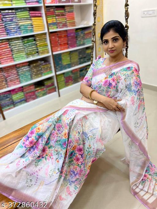 Women Cotton Linen Flower Print Saree Designer Bollywood Partywear Wedding Traditional Latest Kasav Trends White Saree - amamestyle
