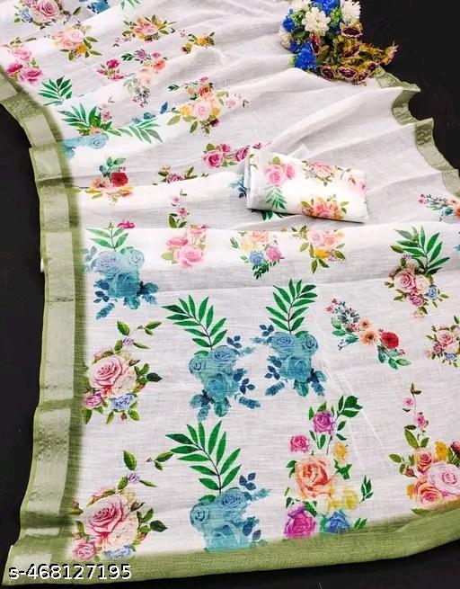 Ditya Fashion Women White Digital Printed Linen Cotton Saree - amamestyle