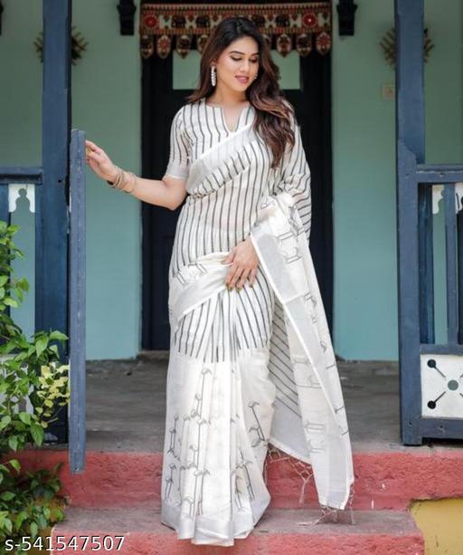 Designer Cotton Linen Saree White - amamestyle